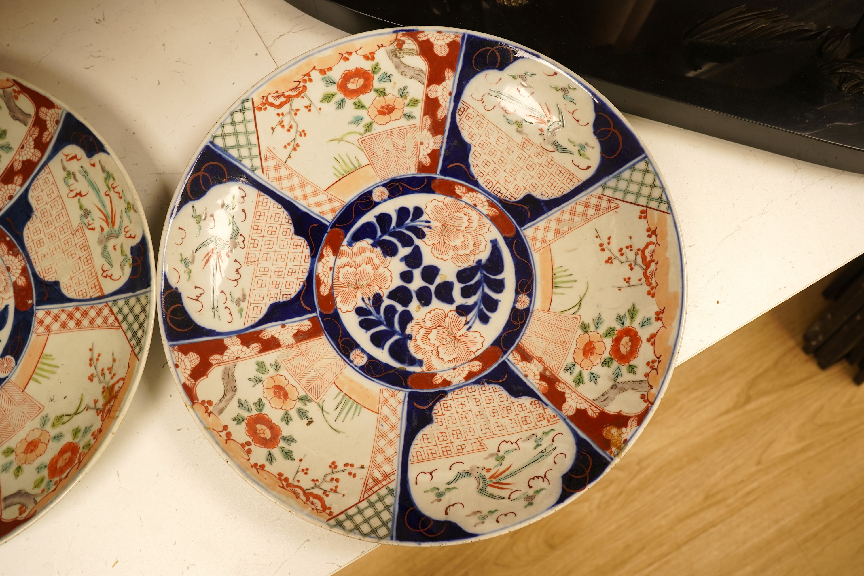 A pair of late 19th century Japanese Imari dishes, three character signature, 37.5cm diameter
